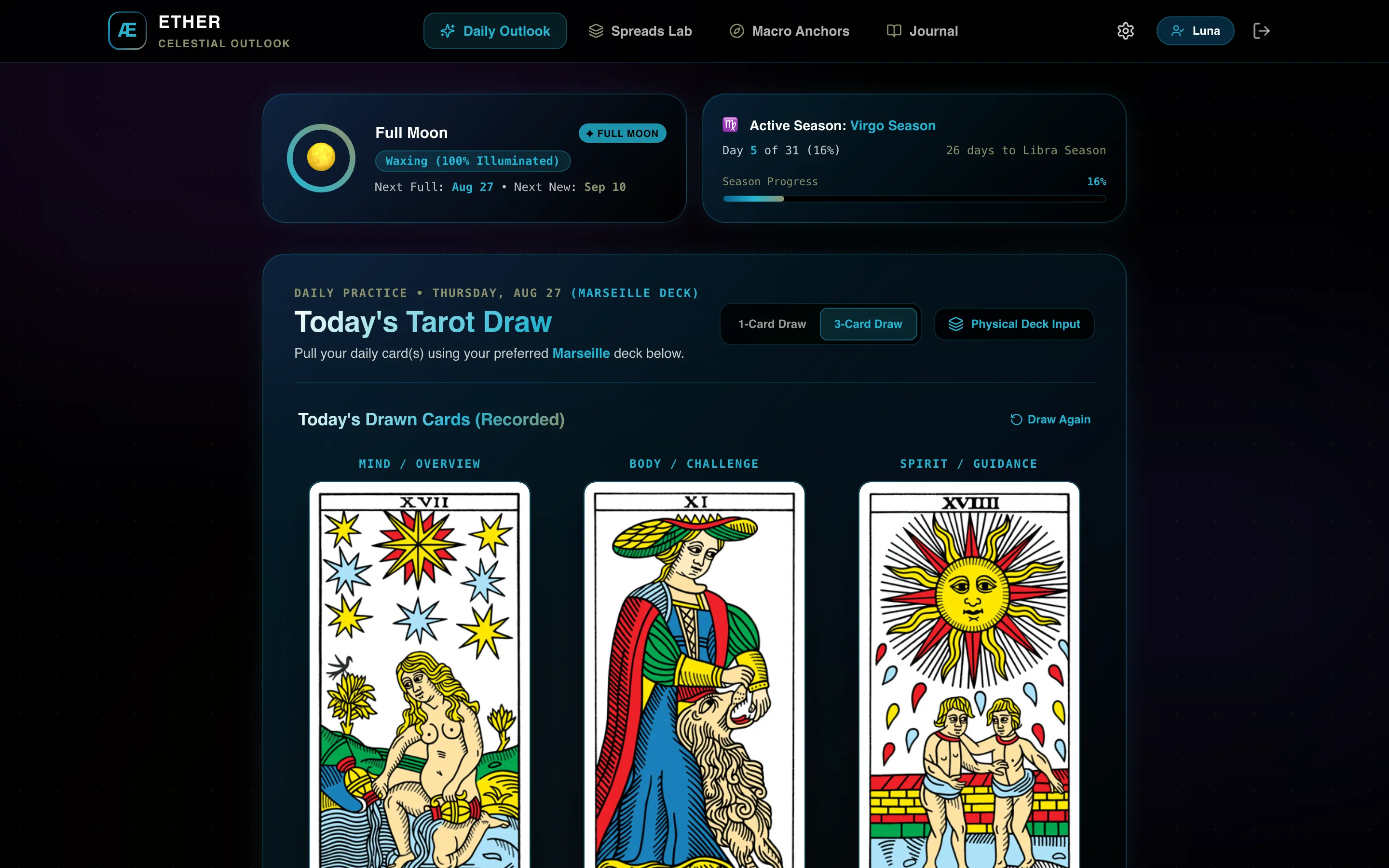 Ether’s daily outlook showing the moon phase, Virgo season, and a three-card daily draw of The Star, Strength, and The Sun