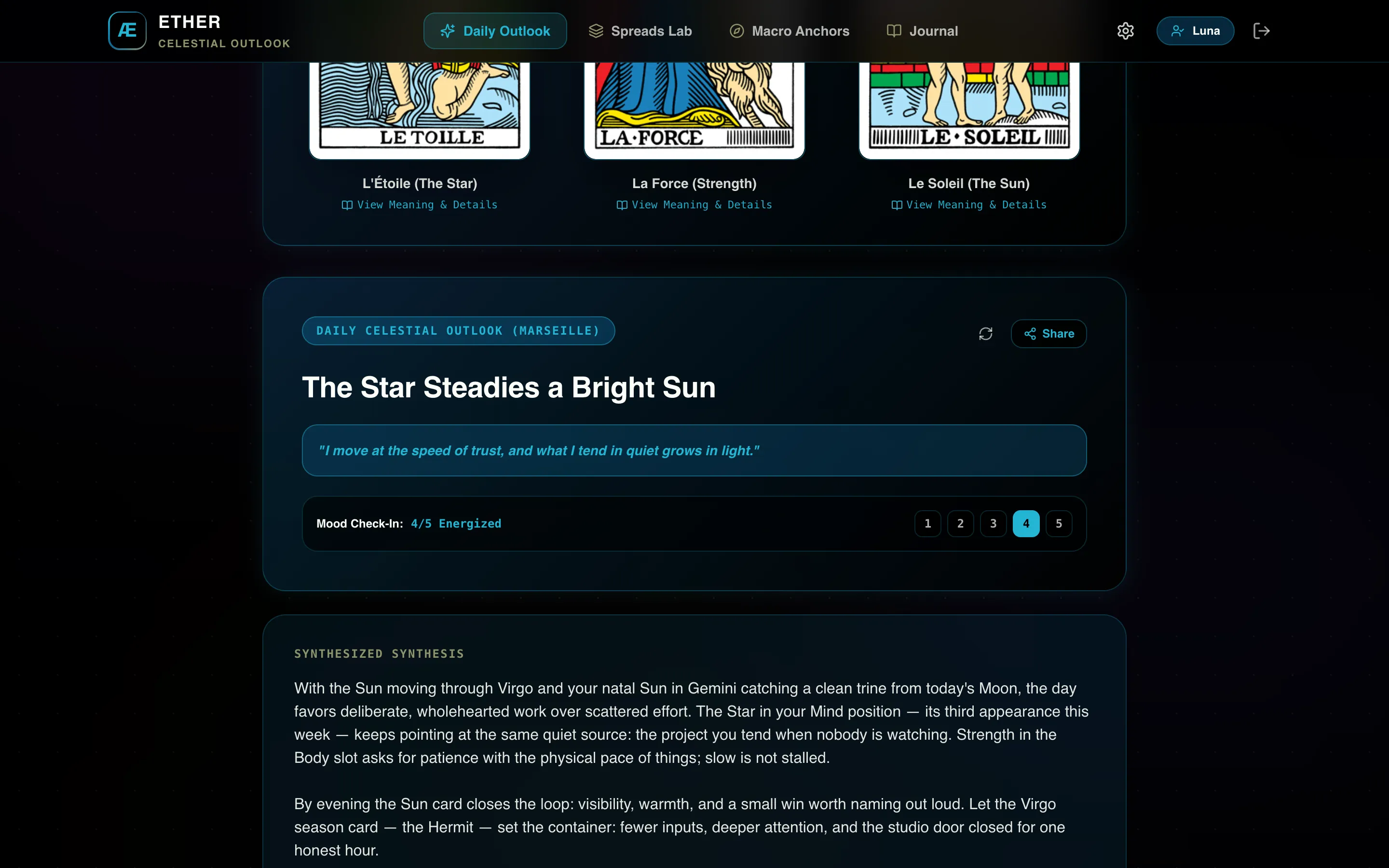 A Daily Celestial Outlook reading in Ether, a written synthesis titled and formatted like a short personal essay