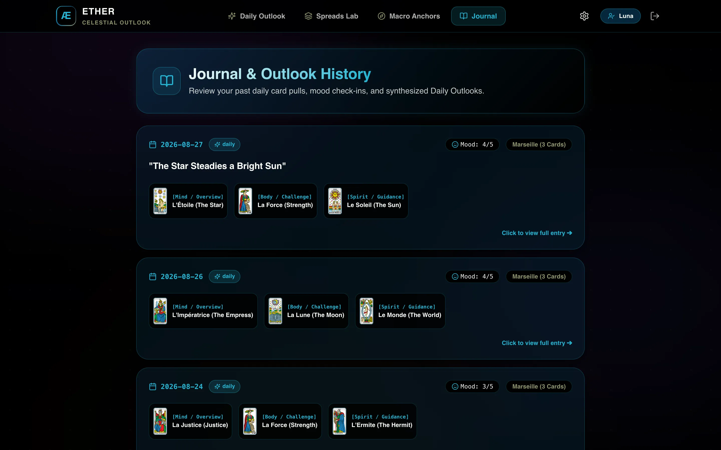 Ether’s journal view listing dated entries with moods, card thumbnails, and reading titles