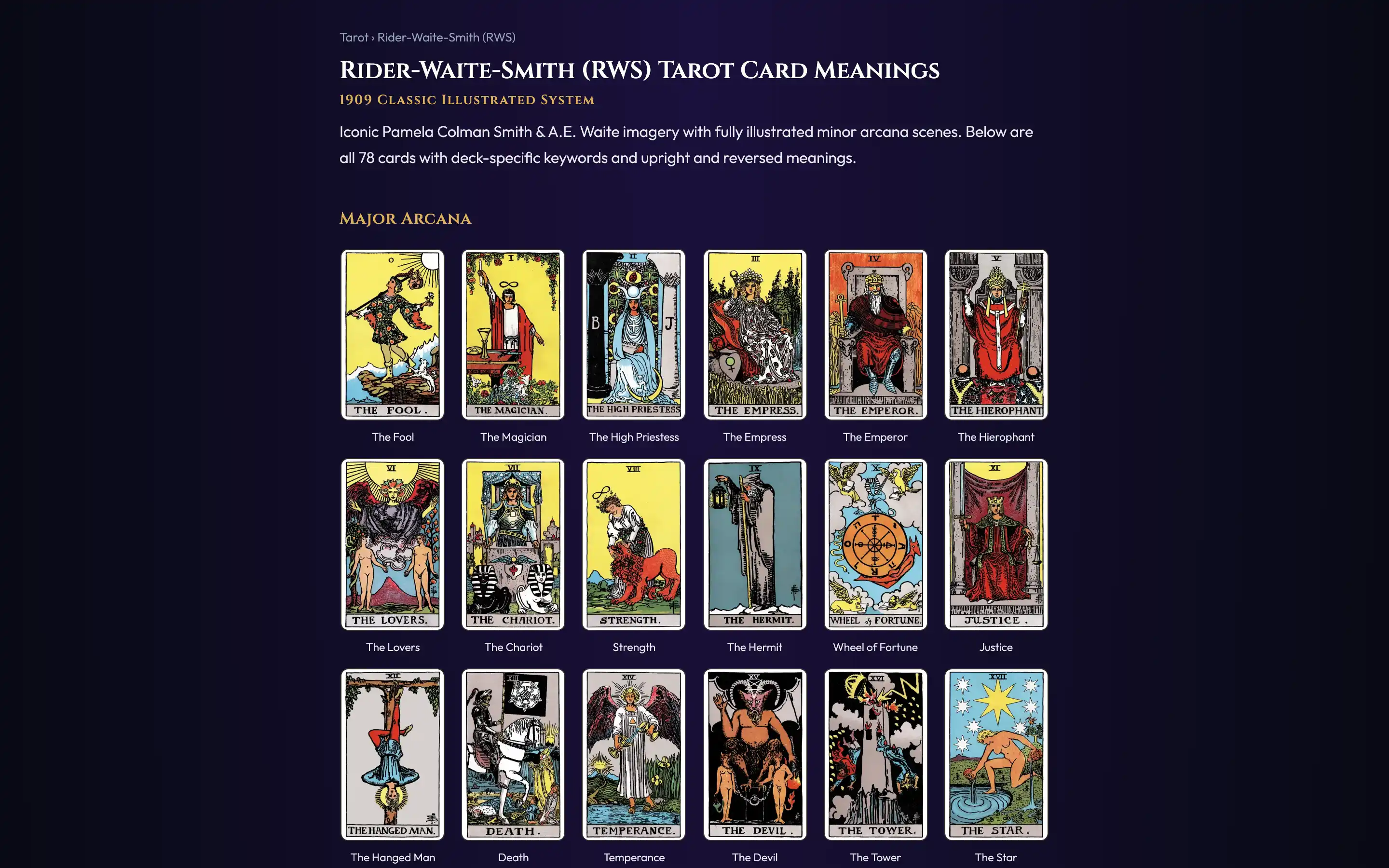 The Rider–Waite–Smith deck page in Ether showing the major arcana cards laid out in a grid