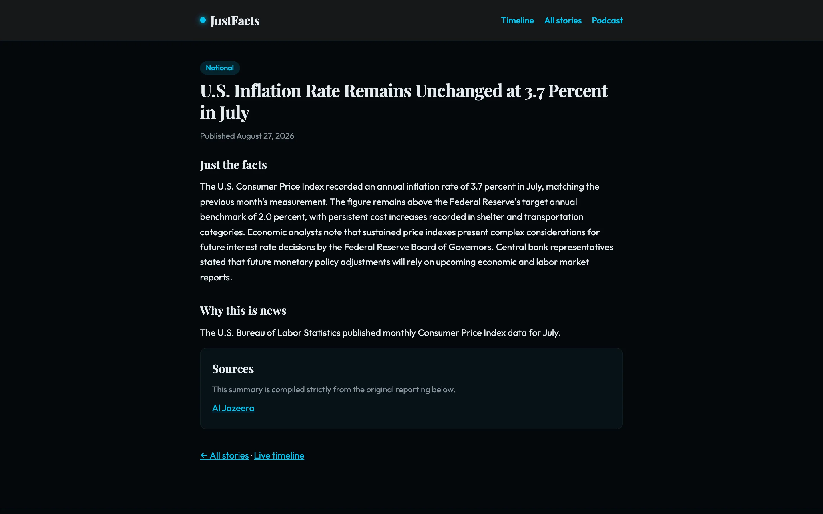 A JustFacts story page with a “Just the facts” summary, a “Why this is news” note, and a sources list linking the original reporting