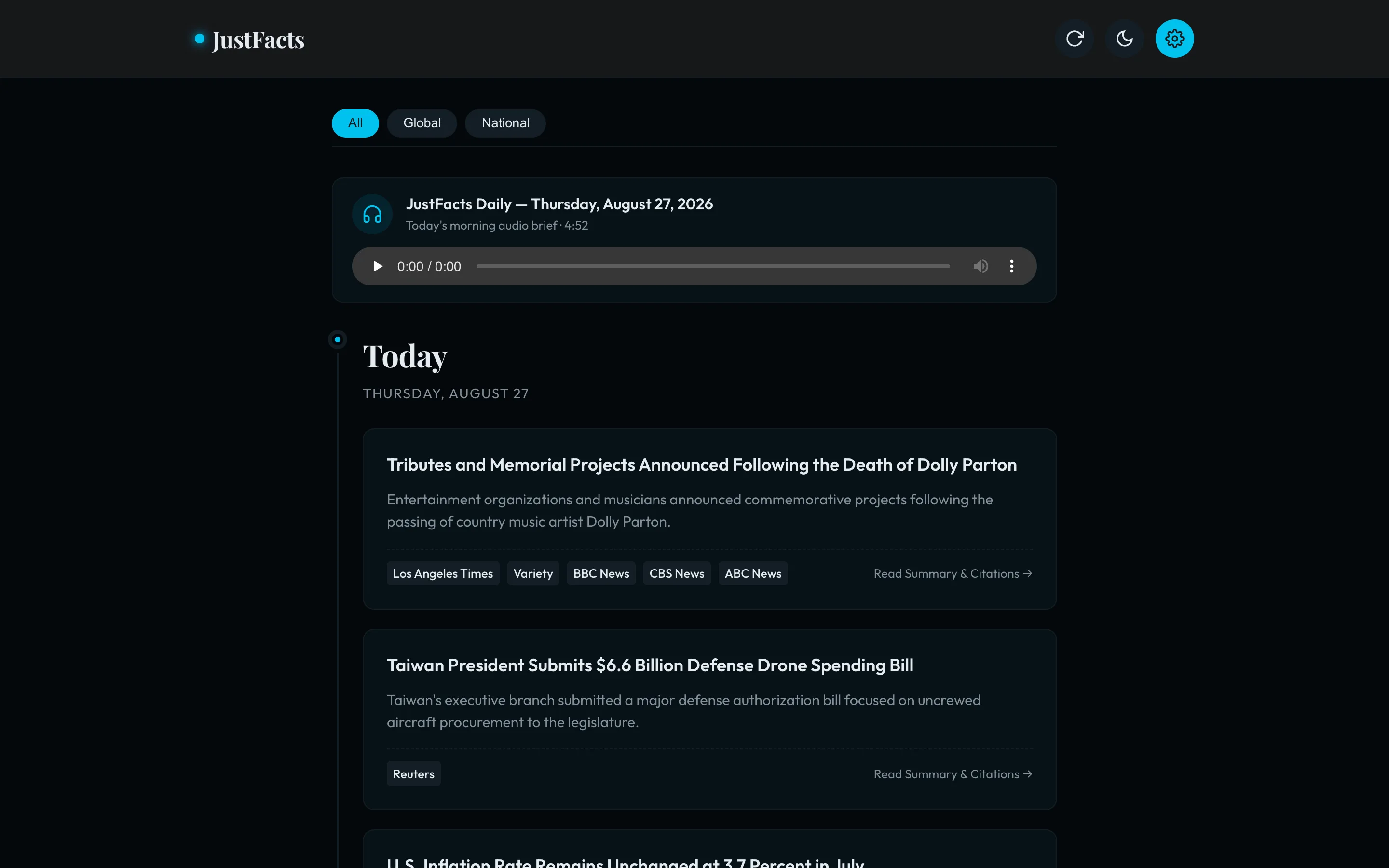 The JustFacts timeline: today’s fact-only story cards, each listing its source publications, with the JustFacts Daily audio player pinned above