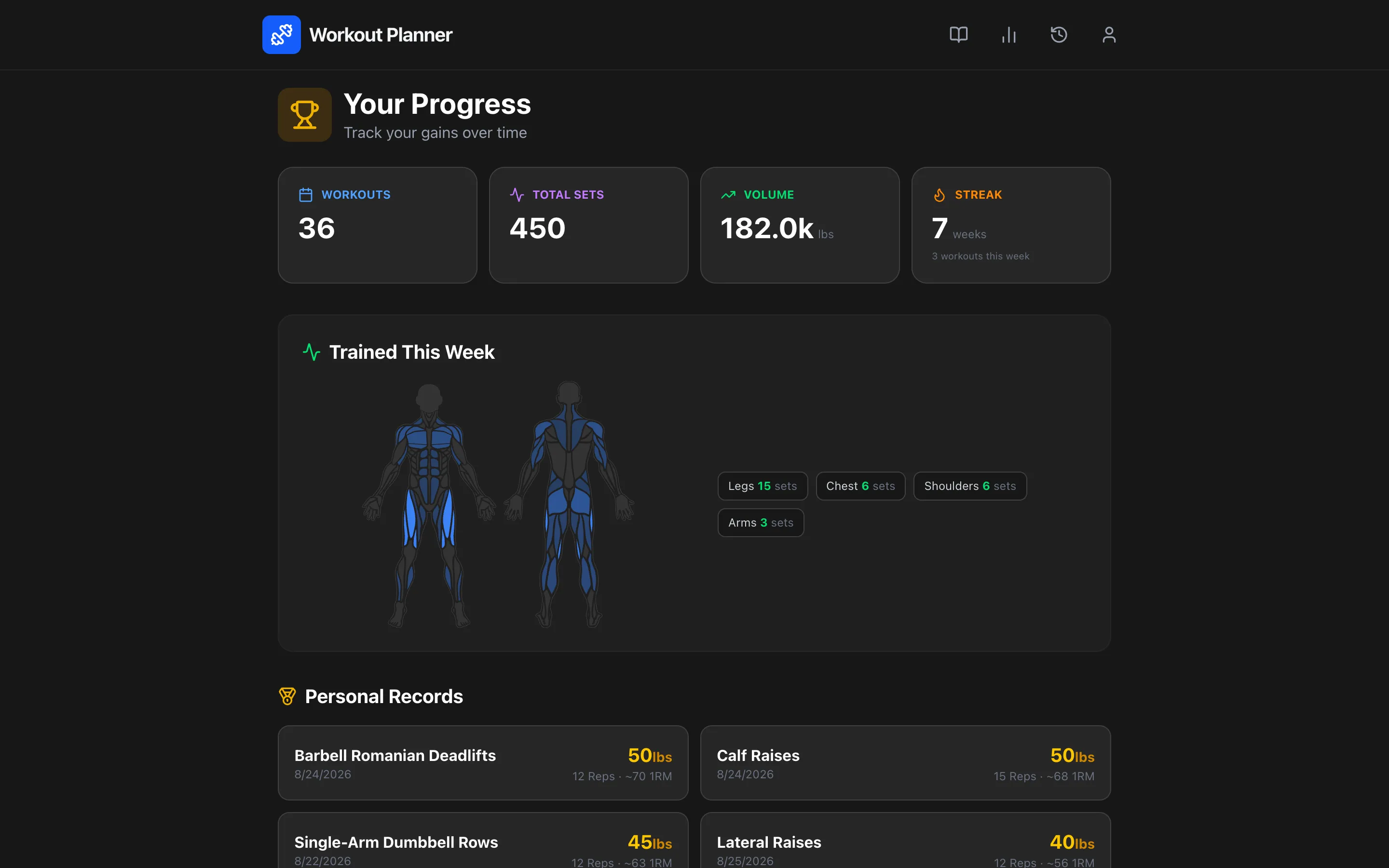 The Stats page in Workout Planner showing workout totals, a week streak, a trained-muscles heatmap, and personal record cards