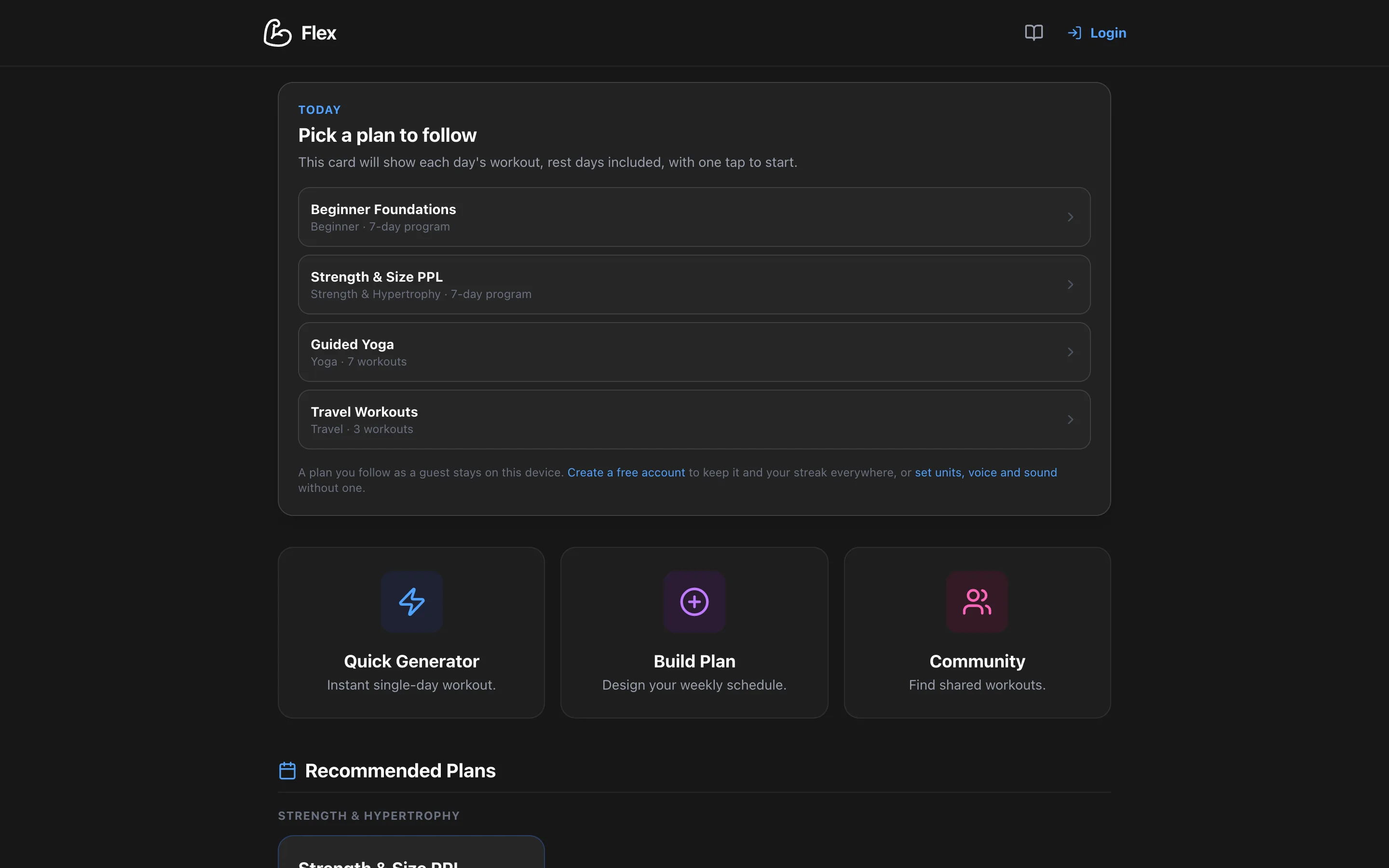 The Flex home screen offering Beginner Foundations, Strength & Size PPL, Guided Yoga, and Travel Workouts to follow, above the Quick Generator, Build Plan, and Community actions