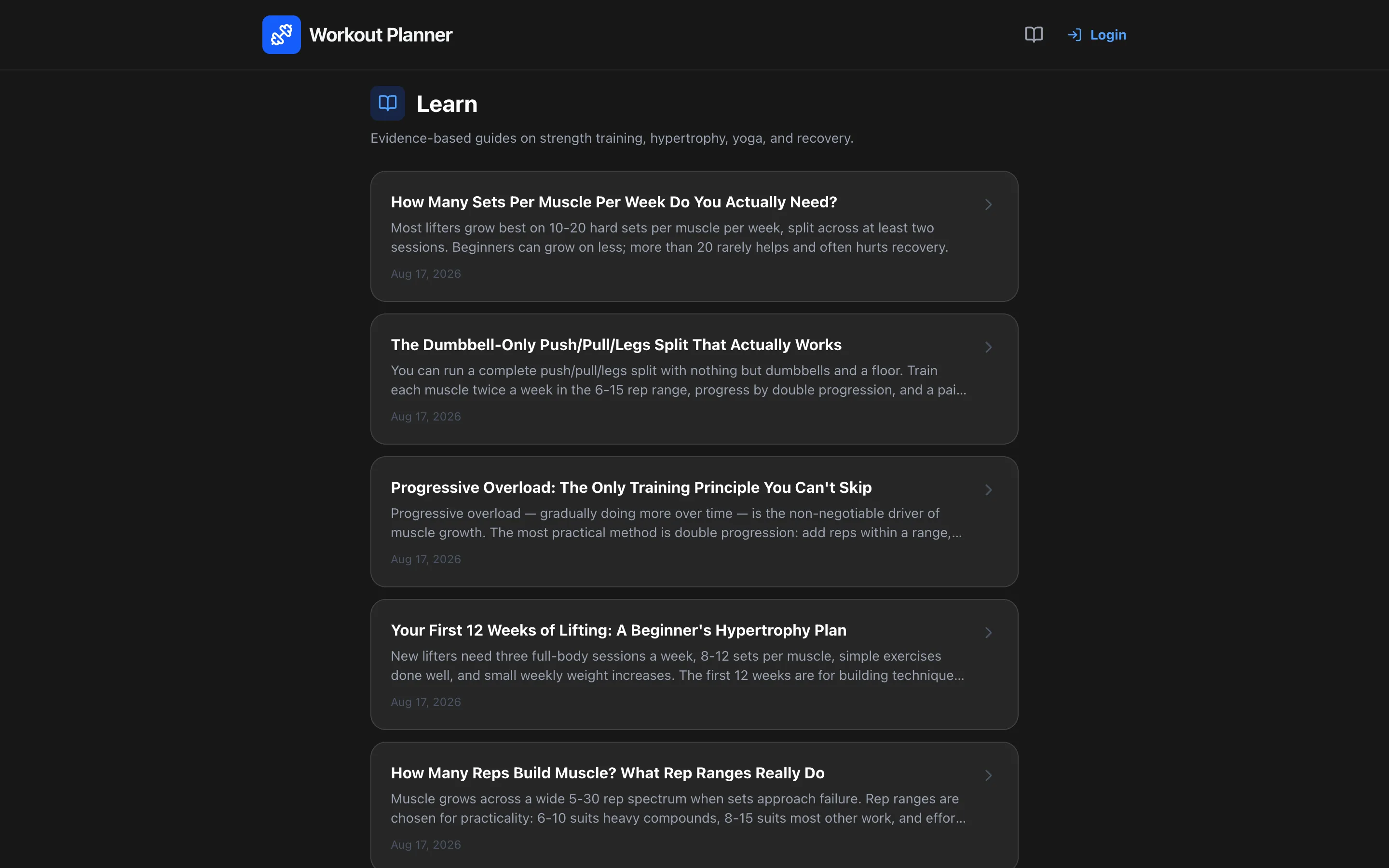 The Learn index in Workout Planner listing evidence-based guides on strength training, hypertrophy, yoga, and recovery