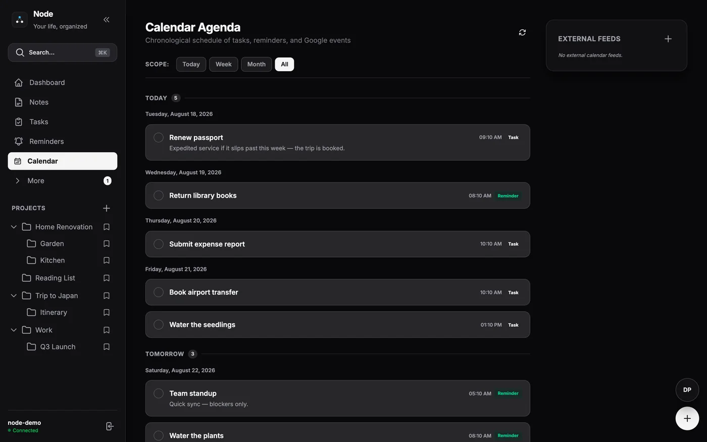 Node’s calendar view with tasks, reminders, and synced events