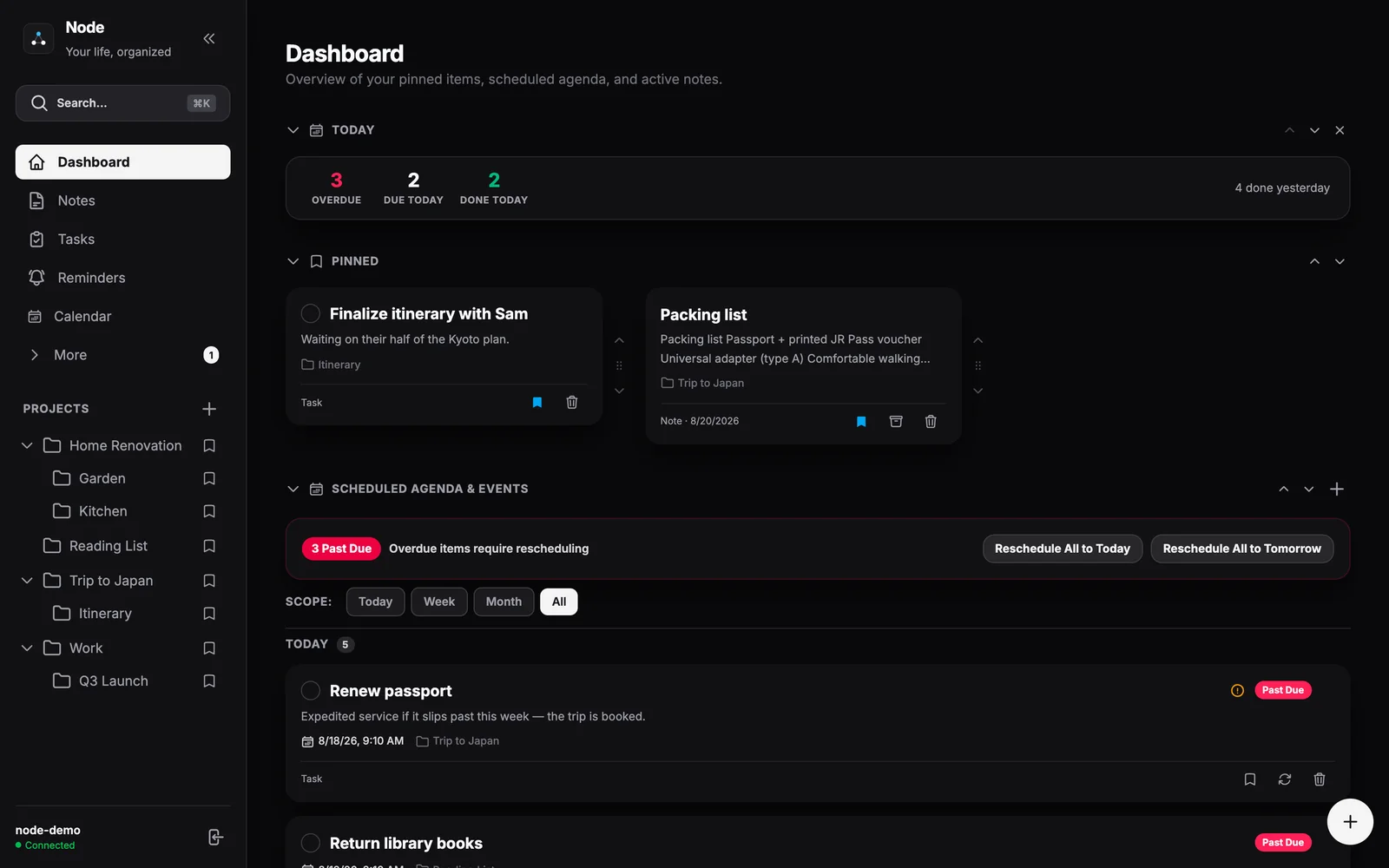 The Node dashboard: today’s overview, pinned items, countdowns, and the scheduled agenda