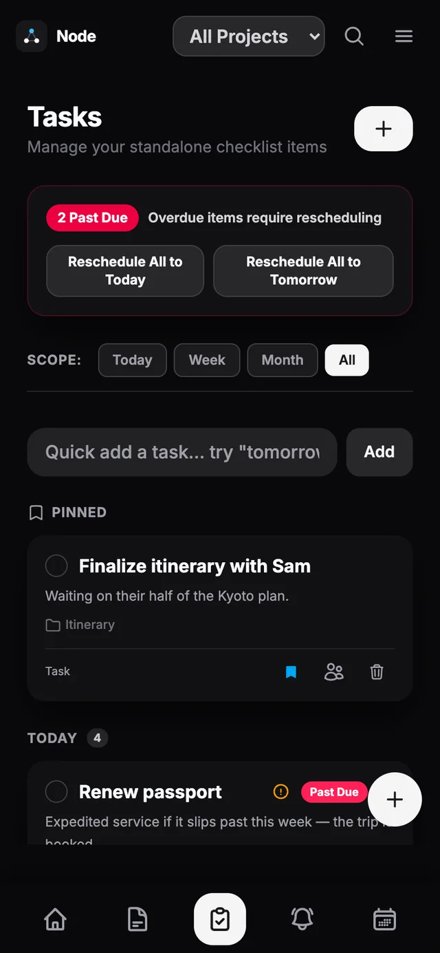 Node’s task list on a phone