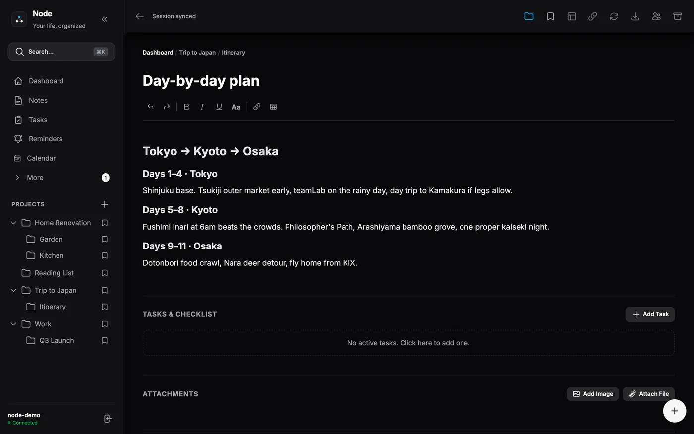 A travel-planning note open in Node’s editor, with headings, breadcrumbs, and a task checklist