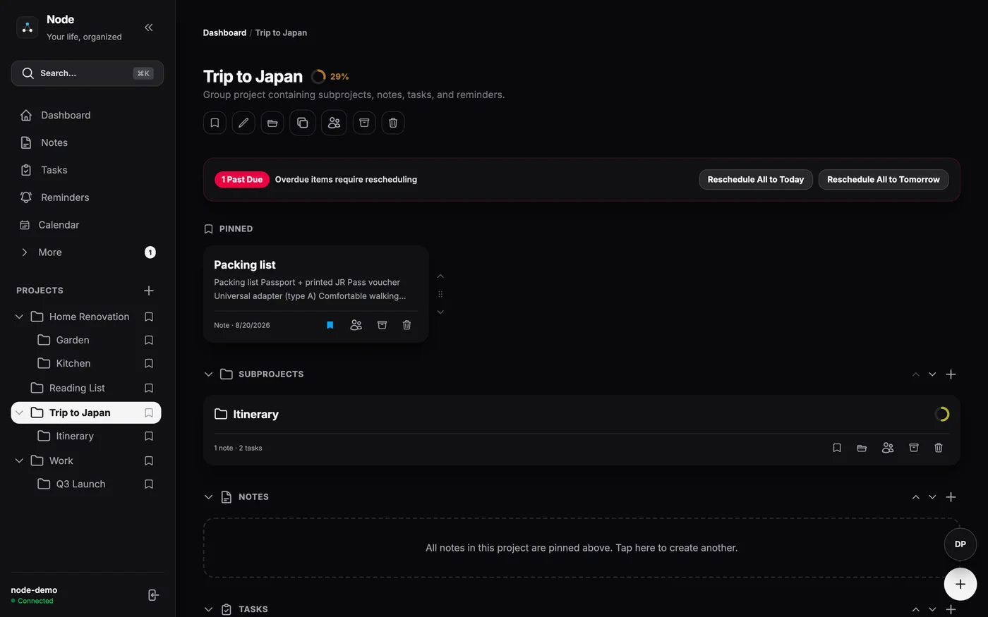 A project workspace in Node with subprojects, notes, and scheduled tasks